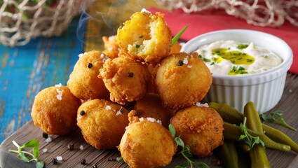 Golden Fried Hushpuppies with Creamy Dip and Pickles