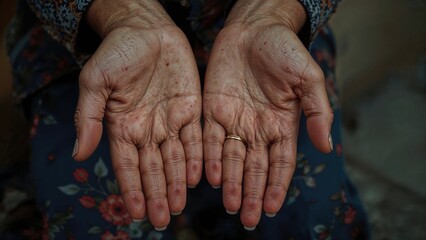 Hands of an aged woman with freckles and wrinkles illustrating seniority