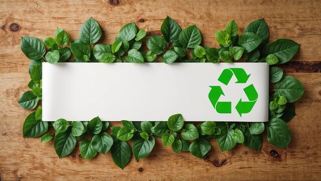 Green ecology idea featuring a recycle emblem on a natural leaf surface, blank area for message or layout