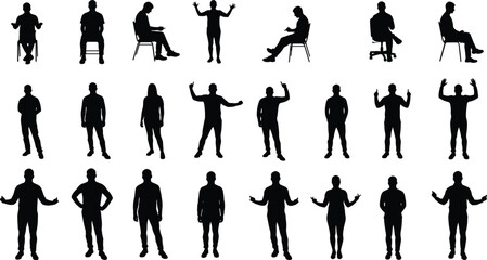 Body language silhouettes, standing poses, sitting postures, expressive gestures, human figure, communication, people silhouettes, isolated pose set, emotional posture, silhouette gestures