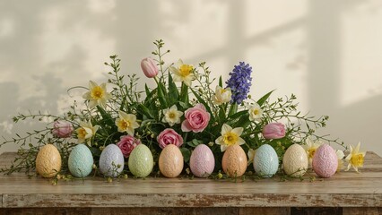 Obraz premium Spring flowers and Easter eggs arranged on a table