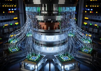 Advanced Quantum Computing Architecture with Fiber Optic Connections and Complex Server Infrastructure