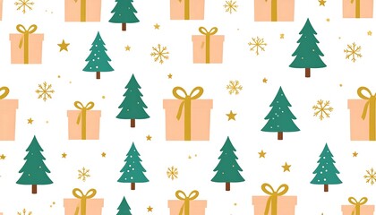 Christmas pattern with trees, gifts, stars, and snowflakes