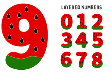 Decorative numbers 0-9 cake topper with watermelon, Birthday decoration, Layered papercut design	