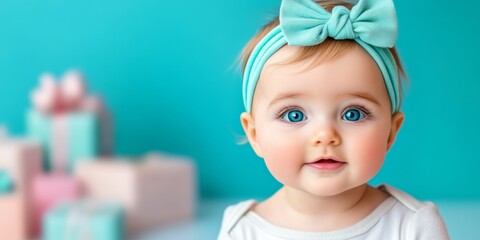 Baby girl with blue eyes and a bandage on the blurred background of the gift boxes