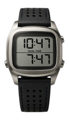 Digital watch with a dual-time zone display and perforated rubber strap