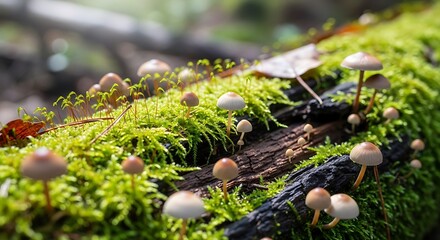 Enchanting forest scene featuring miniature mushrooms and vibrant green moss growth on decaying log