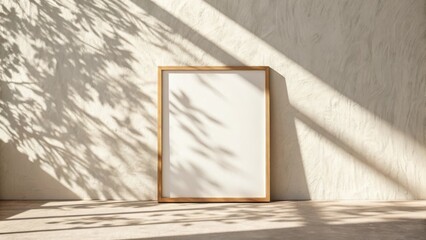 Blank canvas in a wooden frame leaning against a textured wall with dappled sunlight and leaf shadows creating a serene atmosphere
