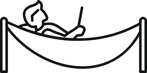 Freelancer is lying in hammock and working on laptop, enjoying remote work and work life balance