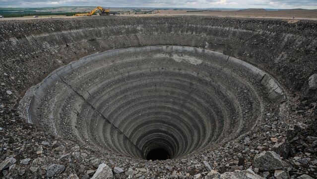 Large-scale diamond pipe mine featuring a 525-meter depth and 1,200-meter diameter, functioning from 1957 until closure in 2004