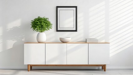 Modern white sideboard with wooden legs displaying a green plant in a vase and framed artwork on a wall