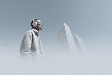 person wearing headphones stands against backdrop of modern city architecture immersed in futuristic experience