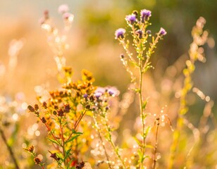 Obraz premium Purple thistle wildflowers in a field illuminated by the soft golden light of a summer sunrise, creating a serene and dreamy atmosphere.