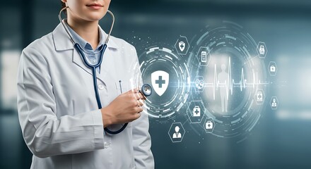 female doctor holding a stethoscope. doctor using futuristic digital interface for health insurance and medical technology.