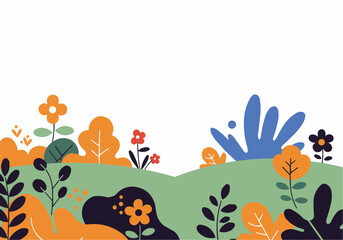 A vibrant illustration of a stylized garden with colorful plants and flowers.