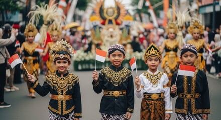 Children in traditional attire celebrate with flags during a cultural parade.