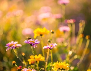Obraz premium Vibrant field of colorful chrysanthemums with a bee collecting nectar, bathed in warm, golden sunset light creating a soft bokeh.