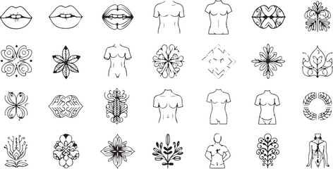 Tattoo Design Icon Set in Line Style. Collection of 30 Editable Vector Symbols Including Lips, Flowers, Geometric Shapes, Human Torsos, Insects, and Leaves