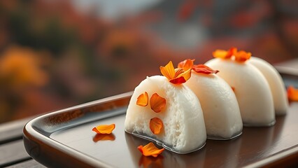 Crisp white mochi with edible chrysanthemum petals on lacquered tray, misty autumn mountains in tranquil backdrop.