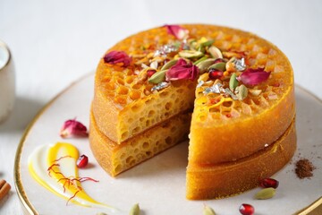 Honeycomb cake with pistachios and rose petals