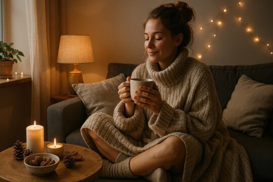 Cozy relaxation with warm drink.