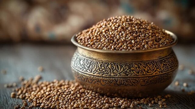close-up of ajwain seeds in a traditional indian brass spice container video