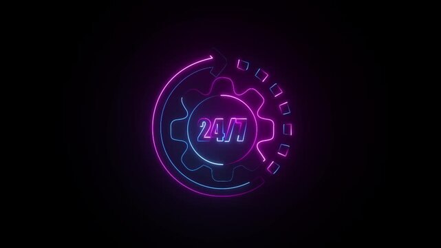 Glowing Neon 24 hour support service icon on a black background animation.