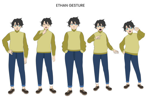 Character design set of a young man in casual clothes showing different emotions and hand gestures.