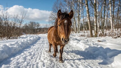 Obraz premium Adorable tiny horse walking on a trail during a bright winter afternoon