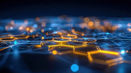 Obraz premium Abstract Technology Background with Glowing Hexagons and Connected Dots for Science and Futuristic Concepts