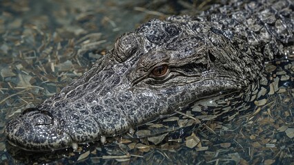 Obraz premium Macro image highlighting the textured armored body of a rare, dark-colored alligator species.
