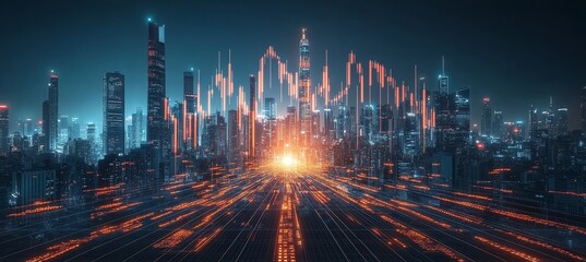 Dynamic financial cityscape at night with vibrant stock market data overlays and urban skyline