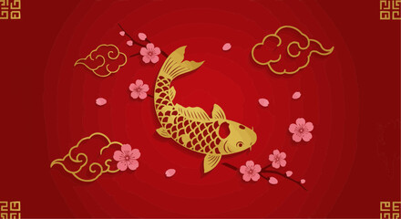 Gold carp fish, cherry blossoms, and clouds on a red background, in a Chinese style design.