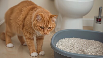 Ginger feline inspecting its litter box. Maintaining pet sanitation.