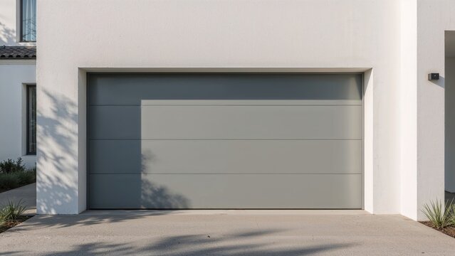 Closed gray door and garage entrance on a sleek white house facade