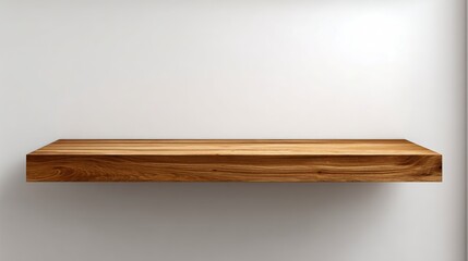 Wooden Shelf Mounted on White Wall Background, Ideal for Product Display Mockups and Interior Decor