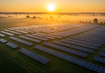 Fototapeta premium Vast Solar Panel Farm Bathed in Golden Sunrise Light Creating Sustainable Energy Source