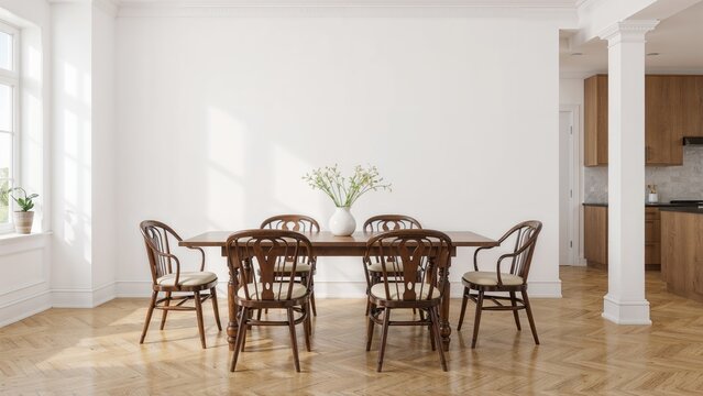 Wooden dining table set in kitchen area with blank wall space, viewed from the front