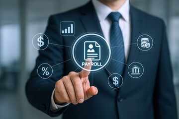 Obraz premium Payroll Management System: Businessman Activating Digital Interface for Financial Administration and Employee Compensation