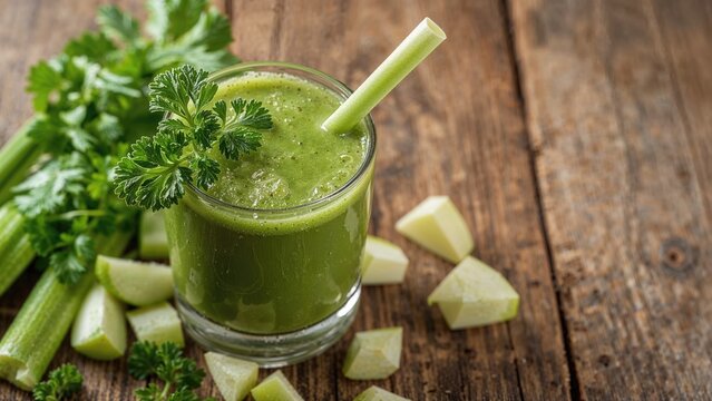 Natural detox smoothie prepared with celery and apple on a wooden table. Beneficial nutrition. - Powered by Adobe