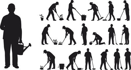 Obraz premium Gardener silhouettes planting, watering, sweeping, farming activity, garden maintenance, worker with tools, spring cleaning, horticulture labor, outdoor job