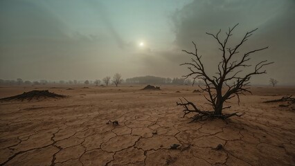 Sun-scorched environment with smoky sky reflecting climate crisis and expanding deserts concept.