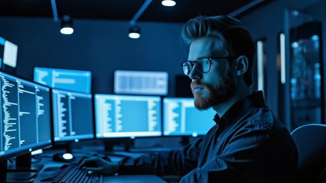 Focused Programmer Working at Multiple Monitors in a High-Tech Environment