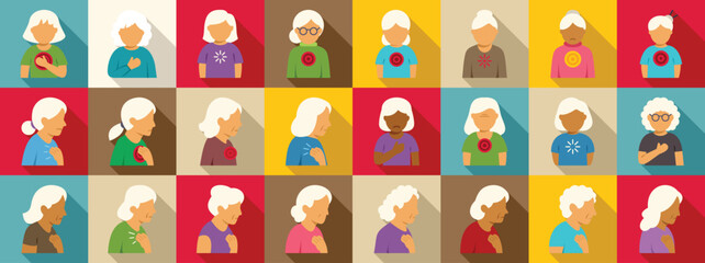 Fototapeta premium Old woman chest ache icons set. Set of diverse elderly women clutching their chests, depicting heart attack or angina symptoms