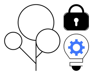 Minimalistic tree, locked padlock, light bulb with gear emphasizing growth, security, innovation, and technology. Ideal for sustainability, digital security, eco-technology startup growth clean