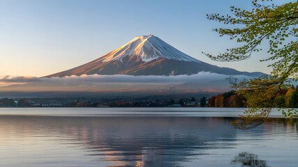 Majestic mount fuji illuminated by soft morning light reflecting on the calm waters of a serene lake