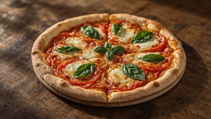 Fresh Margherita pizza displayed on a tabletop, zoomed-in shot
