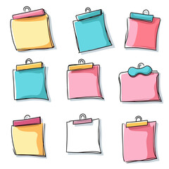 Hand drawn colorful sticky note memo set with clips and thumbtacks doodle style sketch vector illustration for reminders and organization concepts on white background