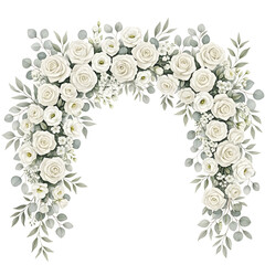 Elegant White Rose and Eucalyptus Floral Arch Watercolor Illustration. Beautiful Wedding & Event Decor Element on White.