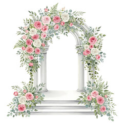 Elegant Watercolor Floral Arch with Pink & White Roses & Lush Greenery. Perfect Wedding & Event Decoration.